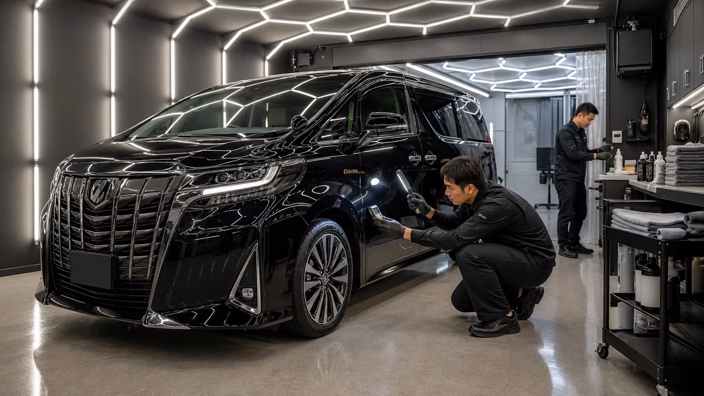 六角LED照明の専用ブースで黒いアルファードの塗装状態を診断し、施工準備を行う技術者