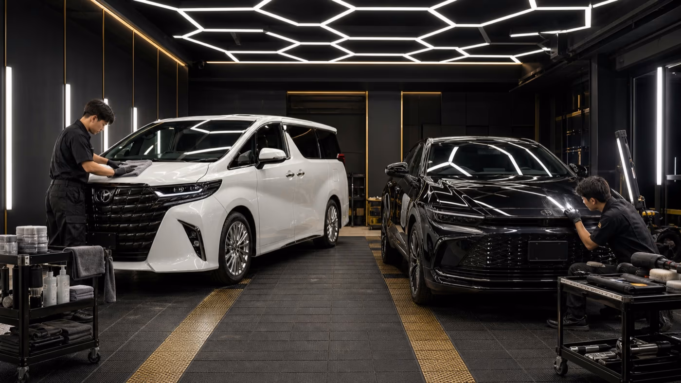 現行型の白いトヨタ アルファードと黒いトヨタ クラウンを車両別に施工する様子