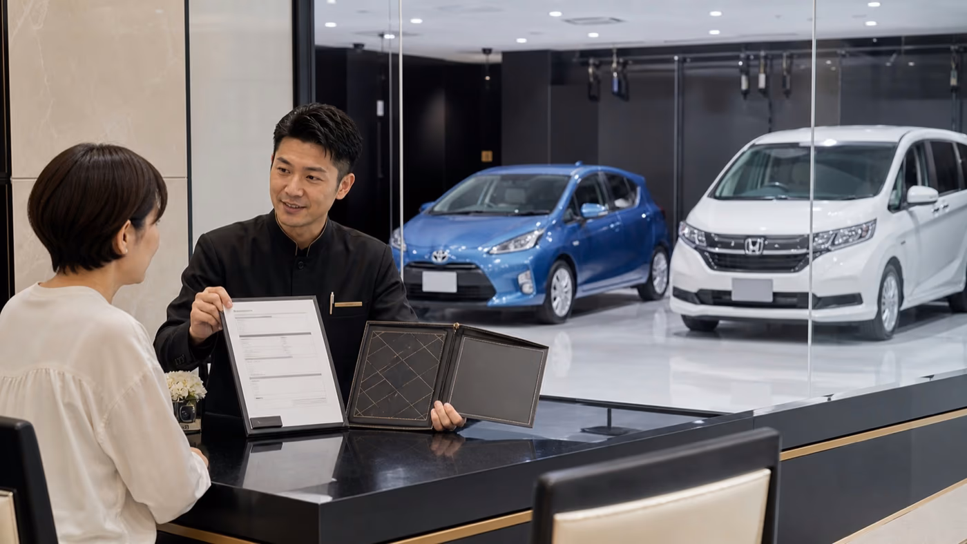 青いトヨタ アクアと白いホンダ フリードを背景に料金と保証を説明するスタッフ