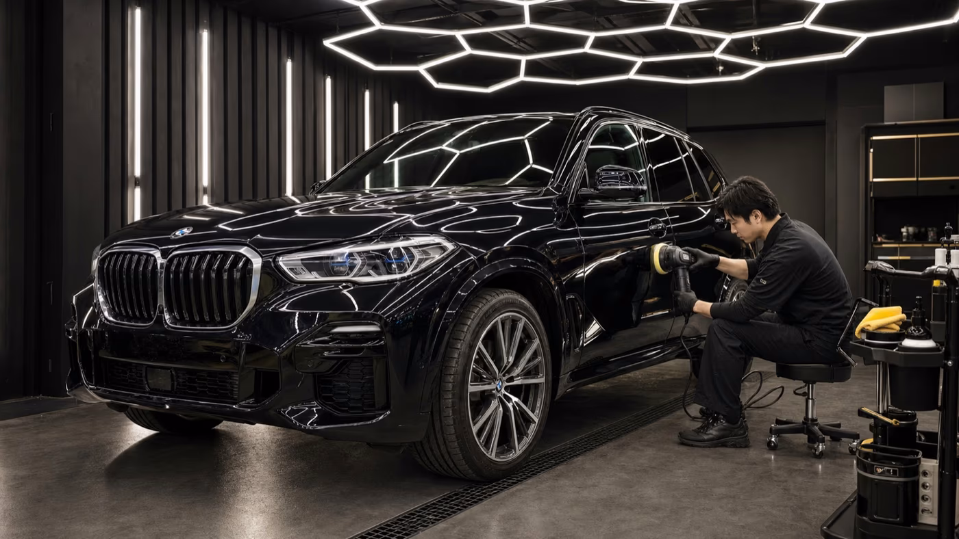 現行型の黒いBMW X5を専用ブースで磨く技術者