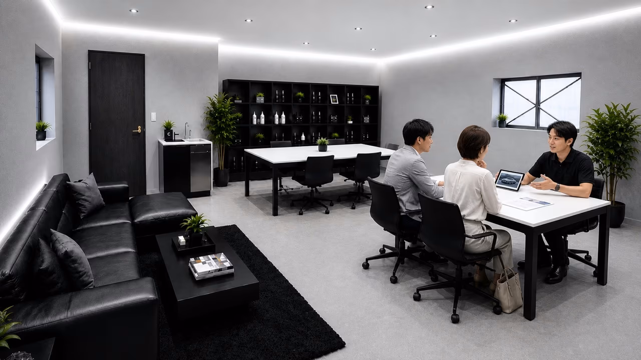 MIYABIの事務所でお客様へコーティングプランをご説明する店舗スタッフ